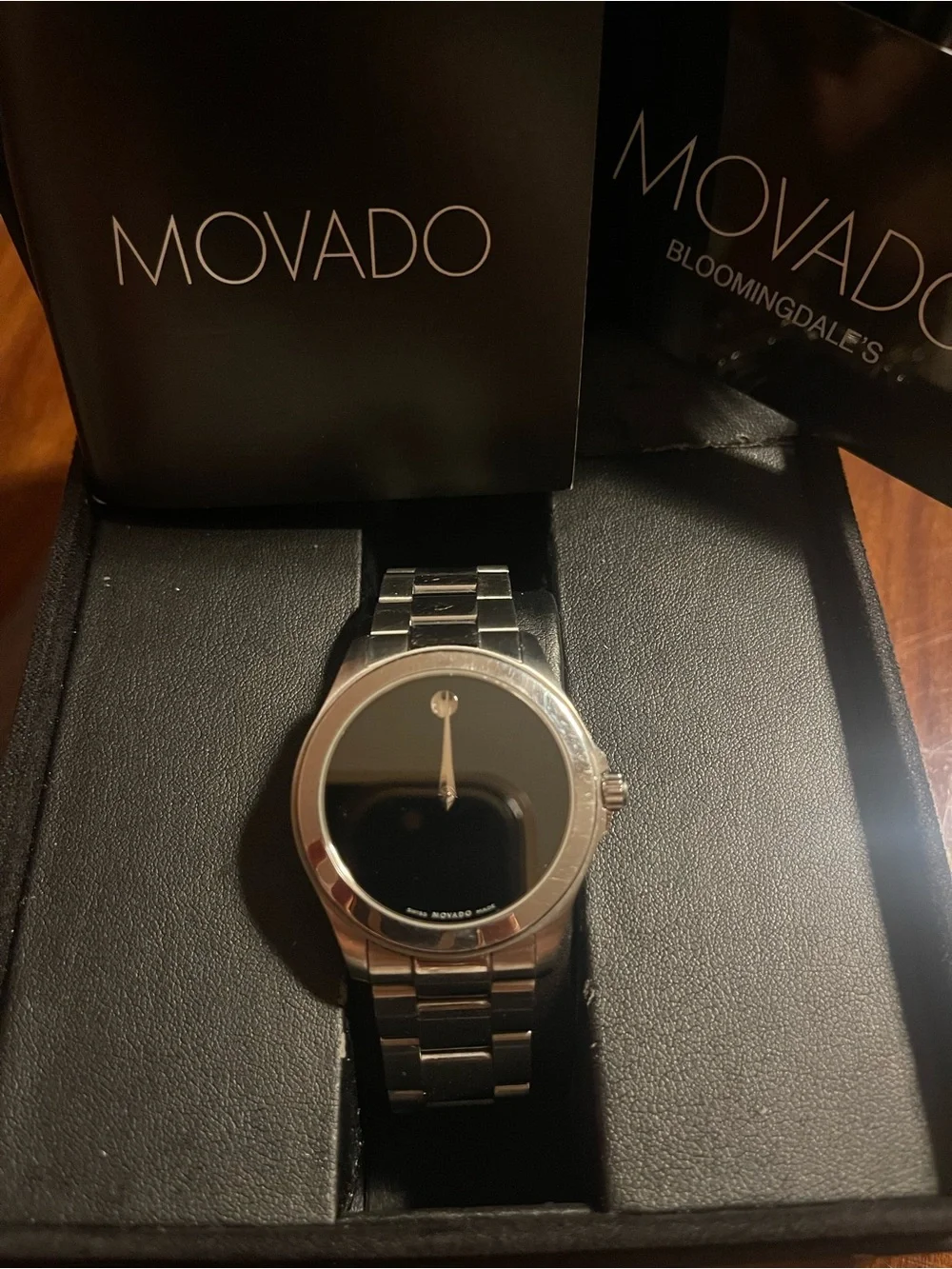 Movado Silver-Tone Bracelet Watch with Black Dial